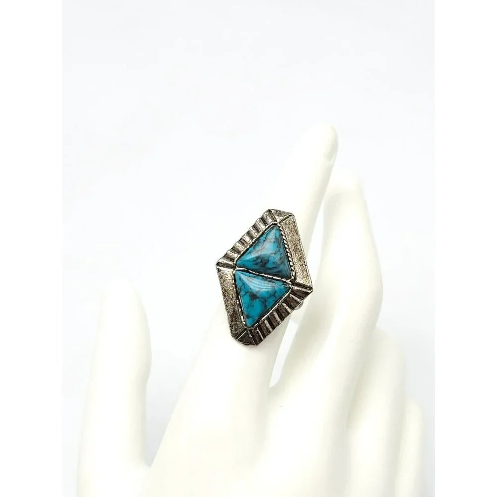 Faux Blue Turquoise Southwest Silver Tone VTG 1970 Diamond Shape Ring Size 7.25